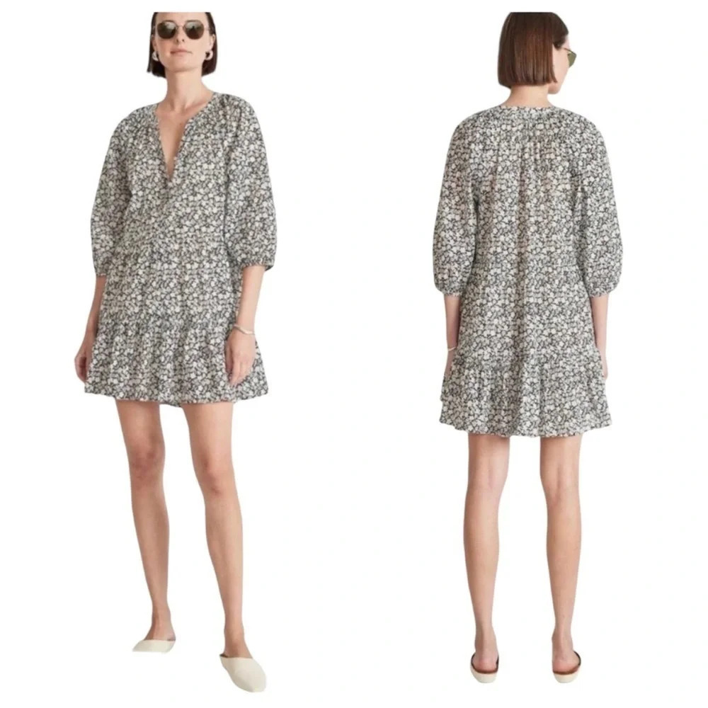 Apiece Apart Cobano Floral Puff Sleeve 100% Organic Cotton Dress Size L